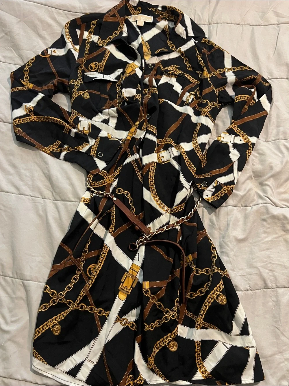 Chain-Print Black & Brown Shirt Dress